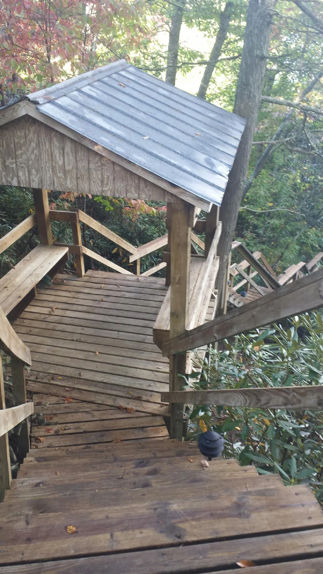 Metal roofed shelter over wooden steps on a wooded walkway — Skylight Repair & Installation work by our crew in Nunda